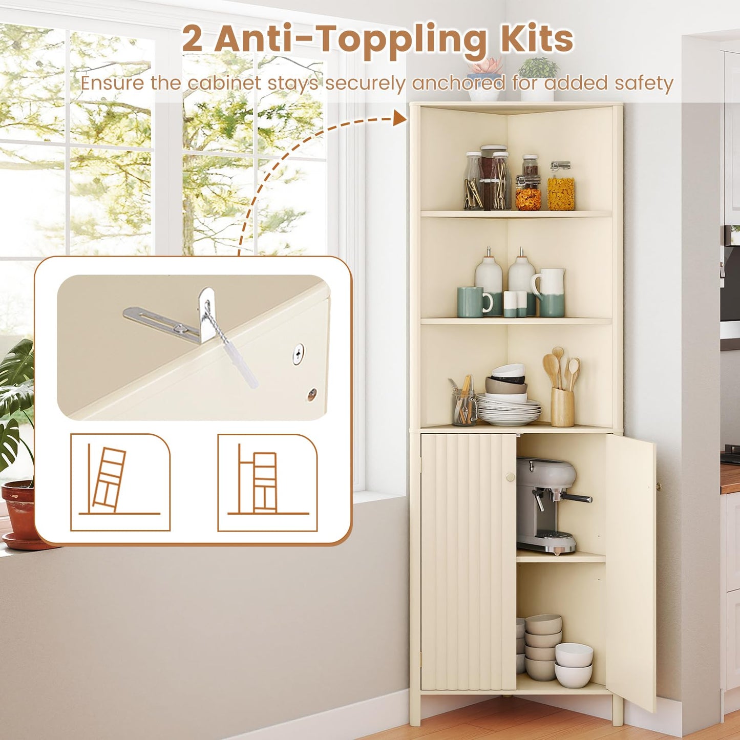 Tangkula Armoire d'angle haute de 173 cm avec 5 étagères et 2 portes cannelées