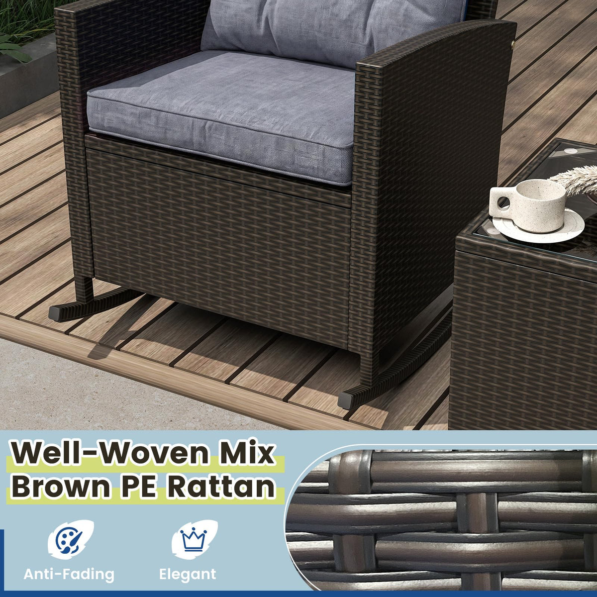 Tangkula 3 Piece Wicker Outdoor Rocking Chairs Set for Porch Garden Patio Backyard Poolside