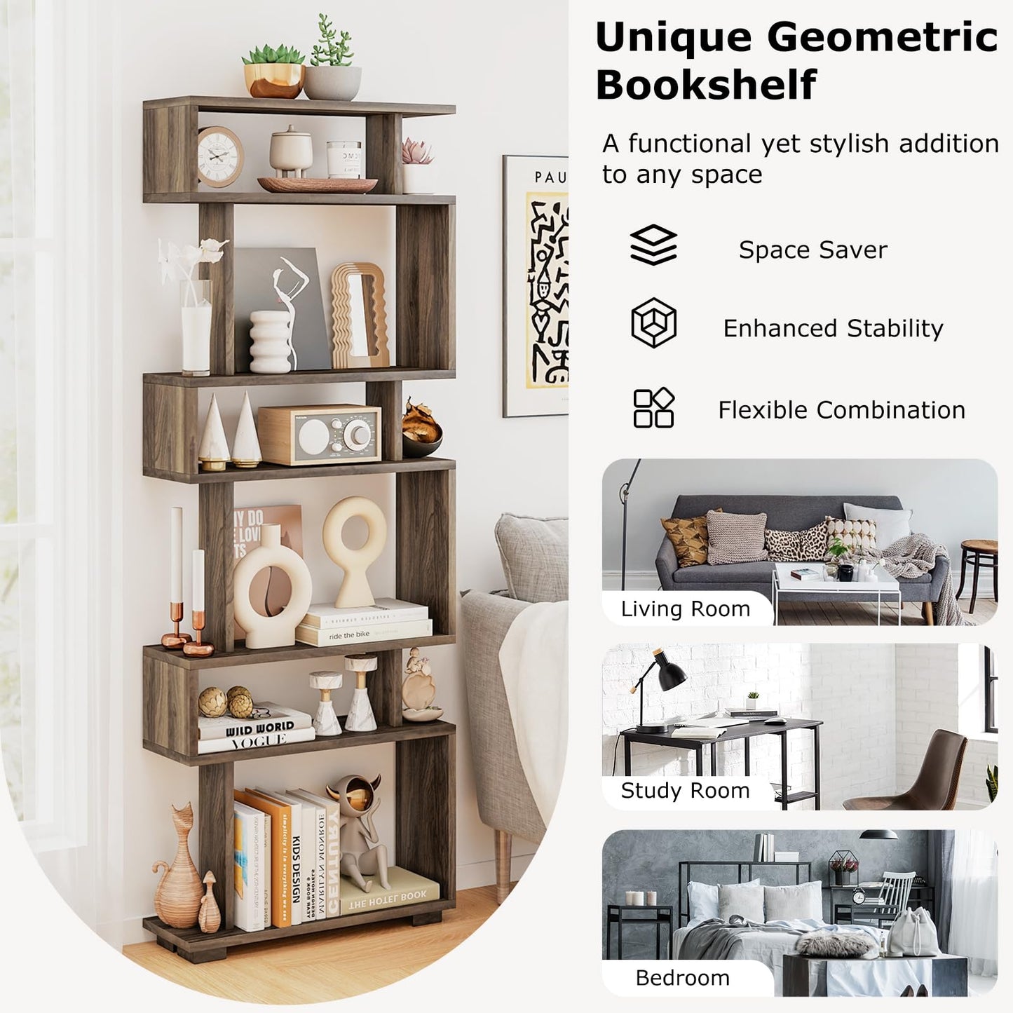 Tangkula 64" Tall 6-Tier S Shaped Bookcase with Anti-Tipping Kit