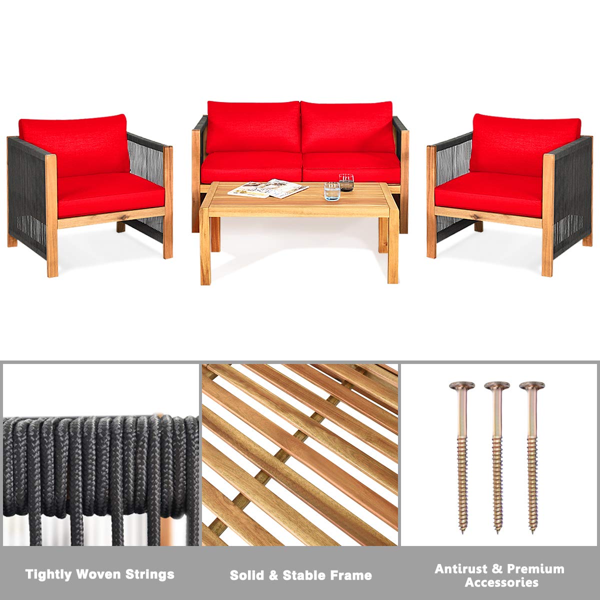 Outdoor Wood Furniture Set, Acacia Wood Frame Loveseat Sofa, 2 Single Chairs and Coffee Table