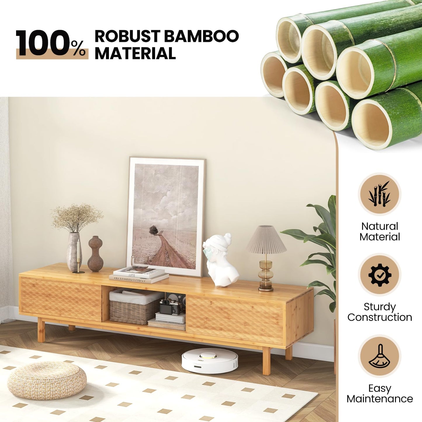 Tangkula Bamboo TV Stand for 65” 70” TVs