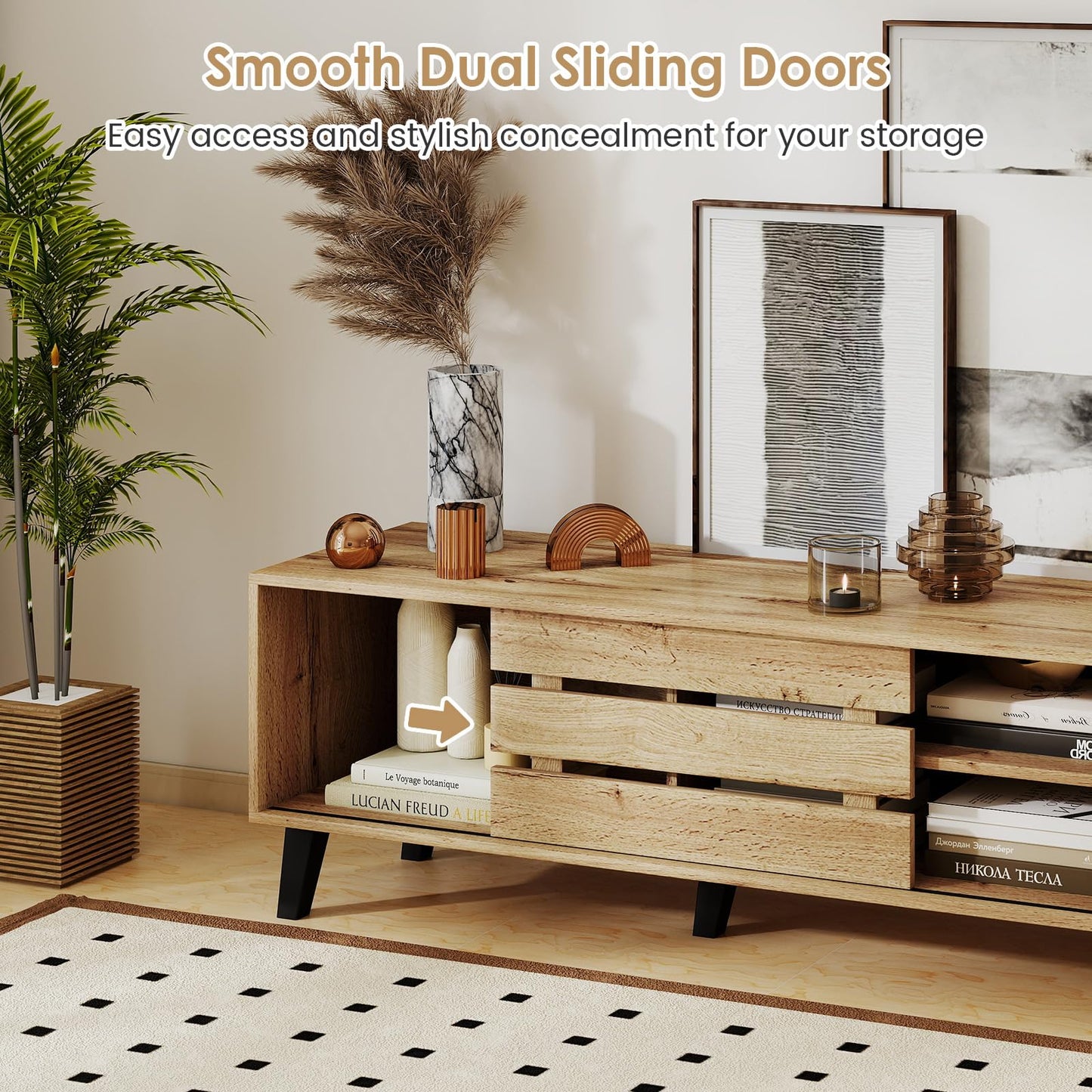 Tangkula Mid Century Modern TV Stand with Sliding Doors for 65” TVs