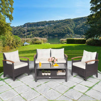 4 Piece Patio Rattan Conversation Set, Outdoor Wicker Sofa Set W/2-Layer Coffee Table