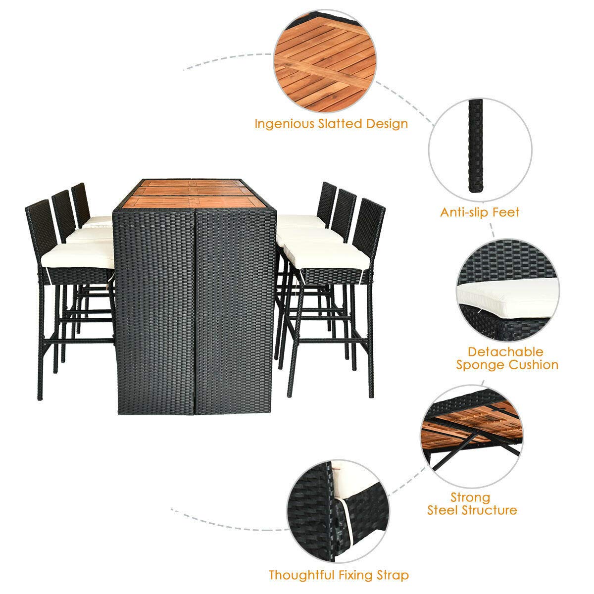 Tangkula 7 PCS Outdoor Wicker Furniture with Acacia Wood Bar Table Top and Removable Cushion