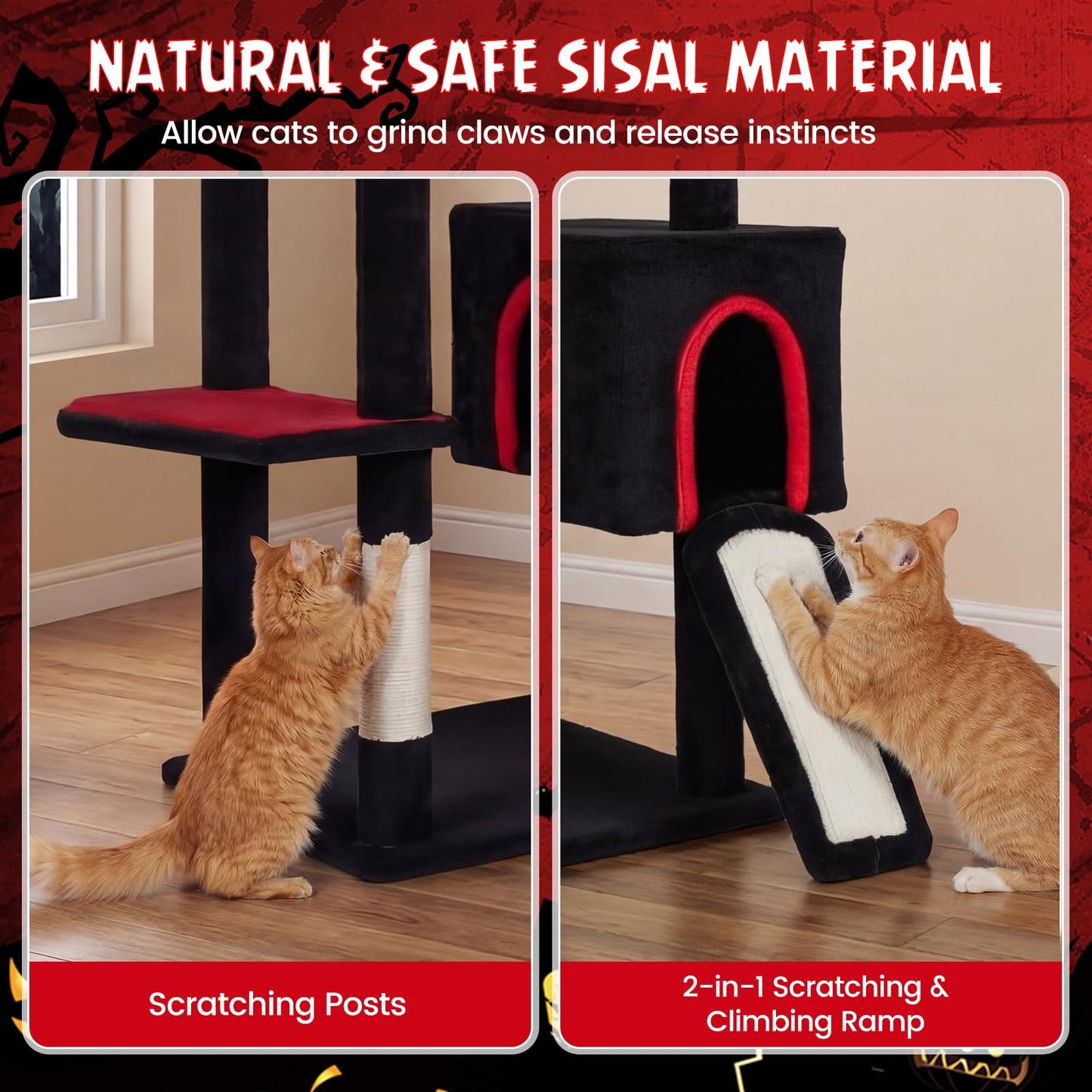 Tangkula 75" Tall Halloween Cat Tower with Sisal Scratching Posts & Ramp