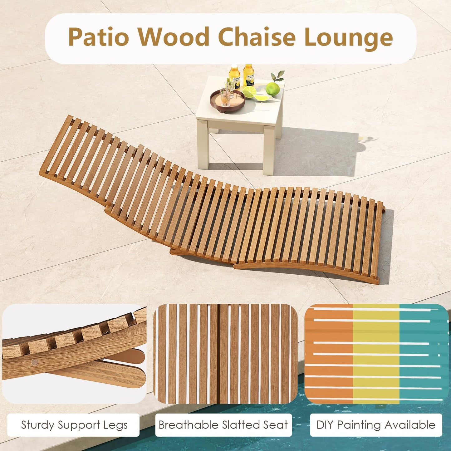 Tangkula Teak Wood Patio Folding Chaise Lounge Chair with Slatted Seat