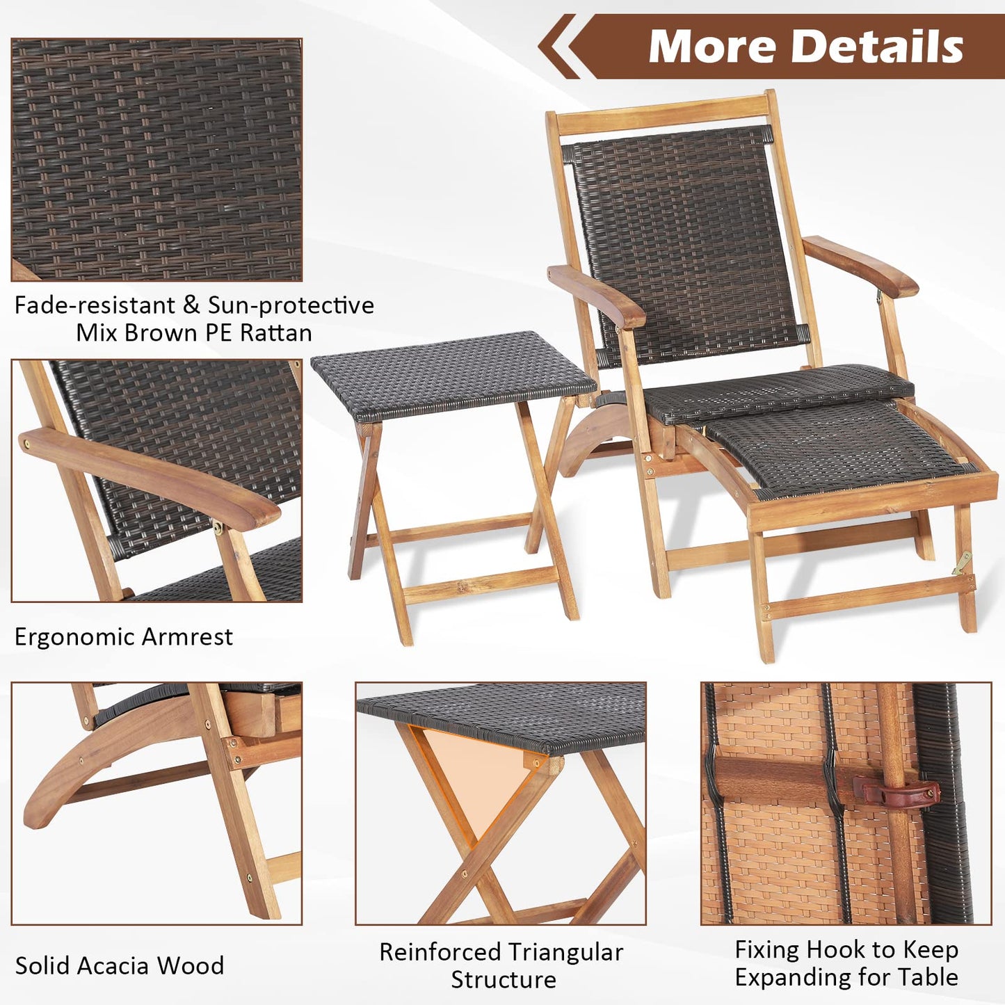 Tangkula 3 Piece Chaise Lounge Chair Set, Acacia Wood Deck Chairs with Side Table