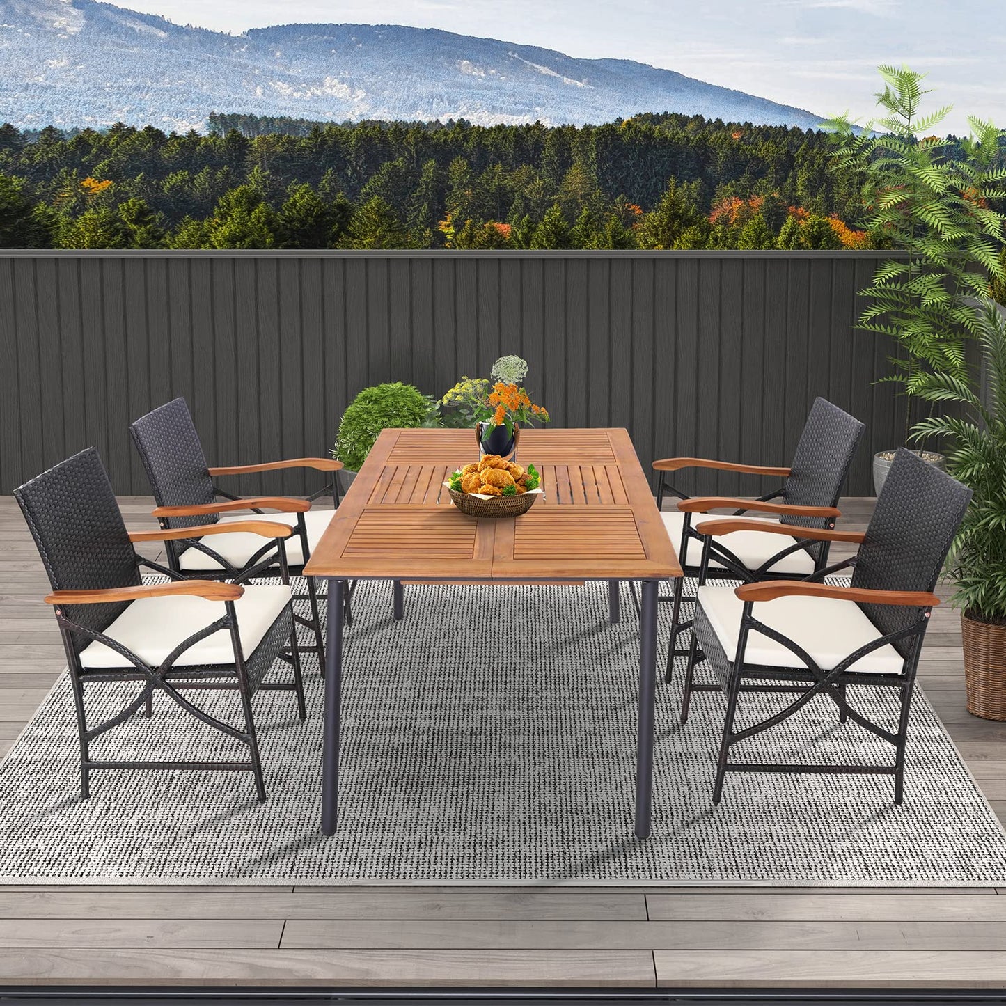 Tangkula Ensemble de salle à manger d'extérieur 5 pièces avec table en bois d'acacia et 4 chaises en rotin tressé avec accoudoirs