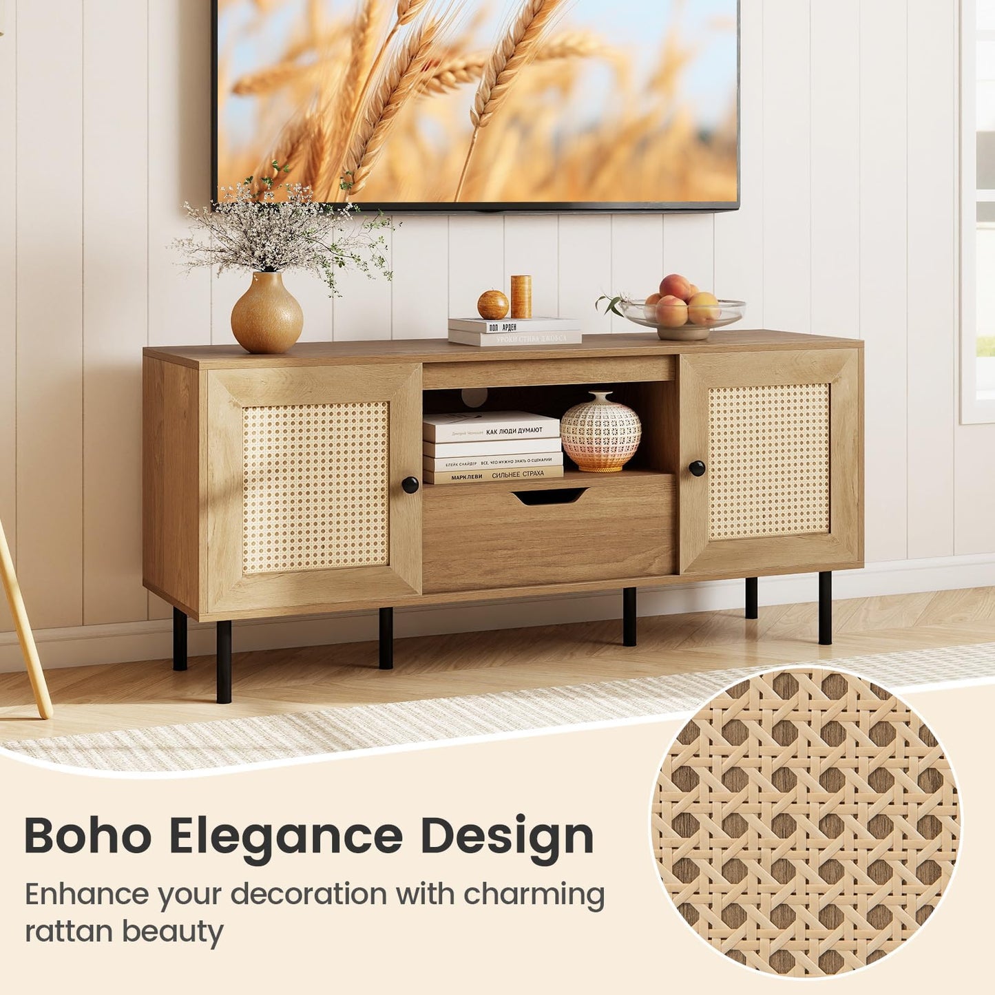 Tangkula Boho TV Stand for 50 55 60 Inch TV 52” Wooden Entertainment Center