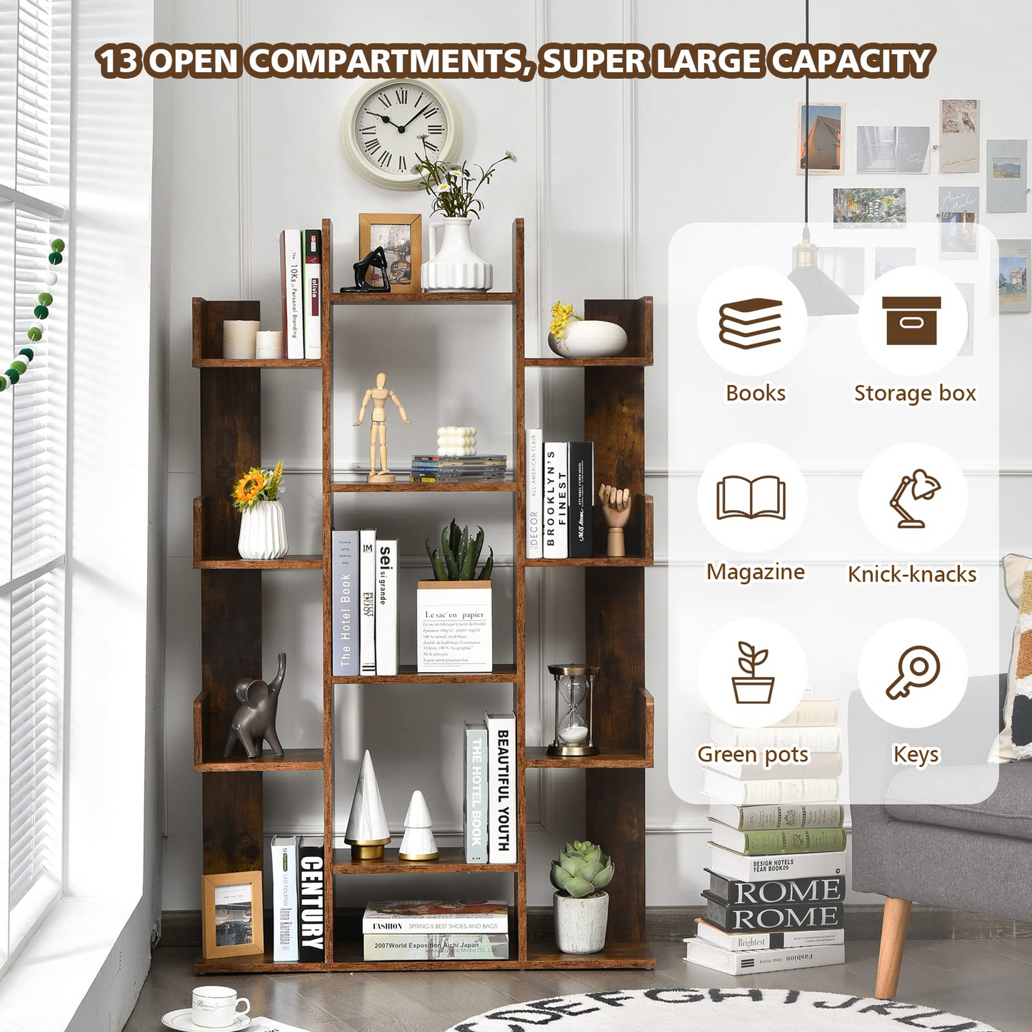 Tangkula Freestanding Tree Bookshelf, Corner Storage Organizer with 13 Open Shelves
