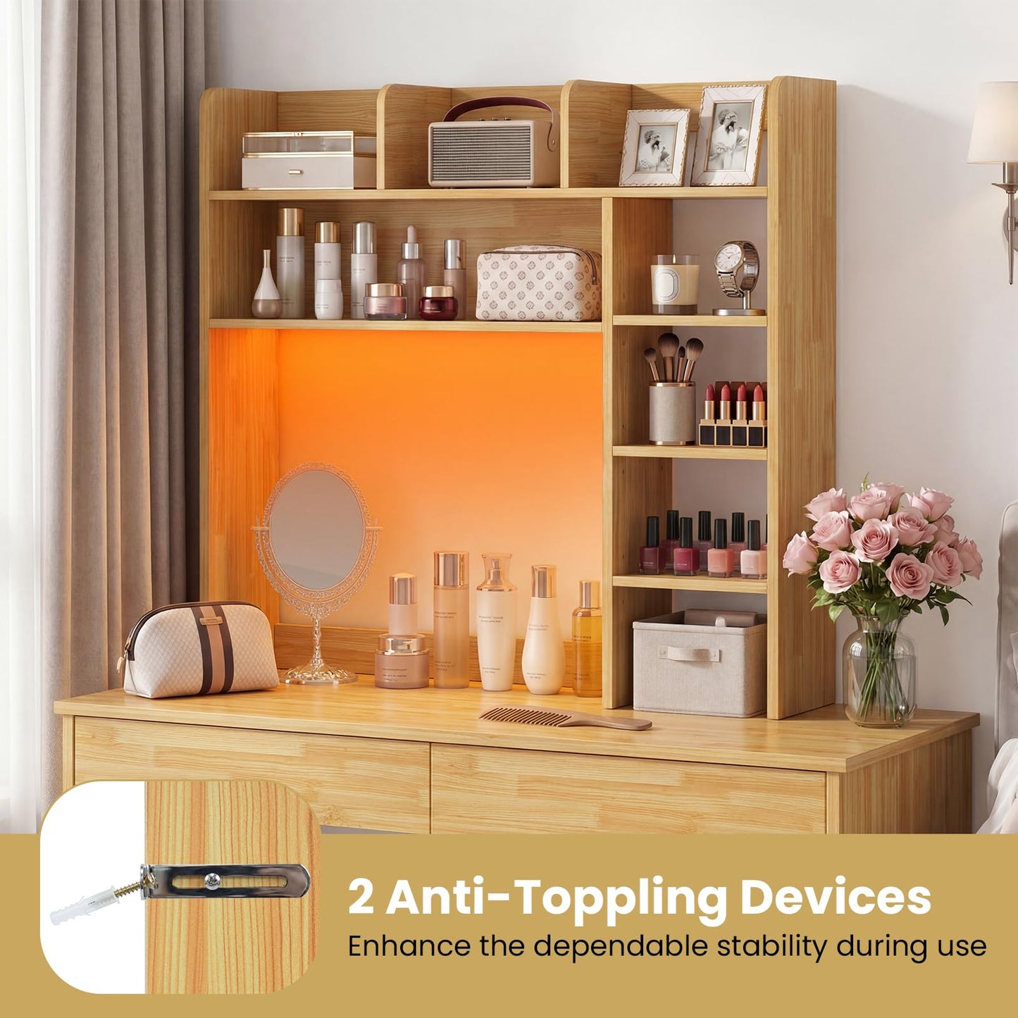 Tangkula Desktop Bookshelf with LED Lights & 8 Shelves for Max 25" Monitor