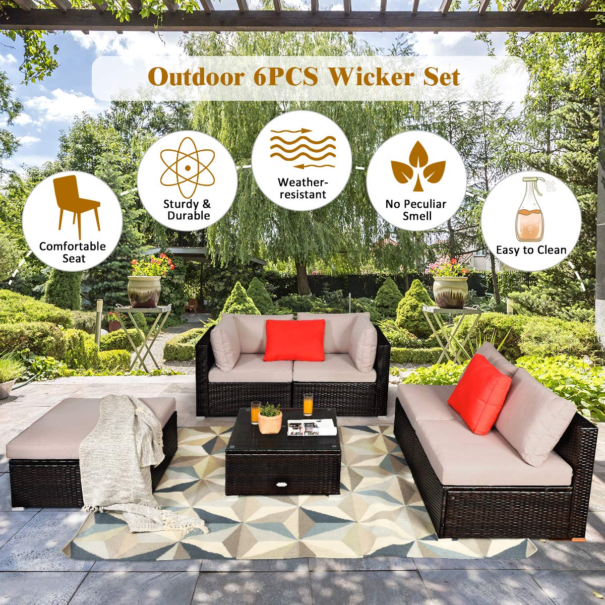 Tangkula 6 Piece Patio Furniture Set,Durable Steel Frame PE Rattan Wicker Sectional Sofa Set