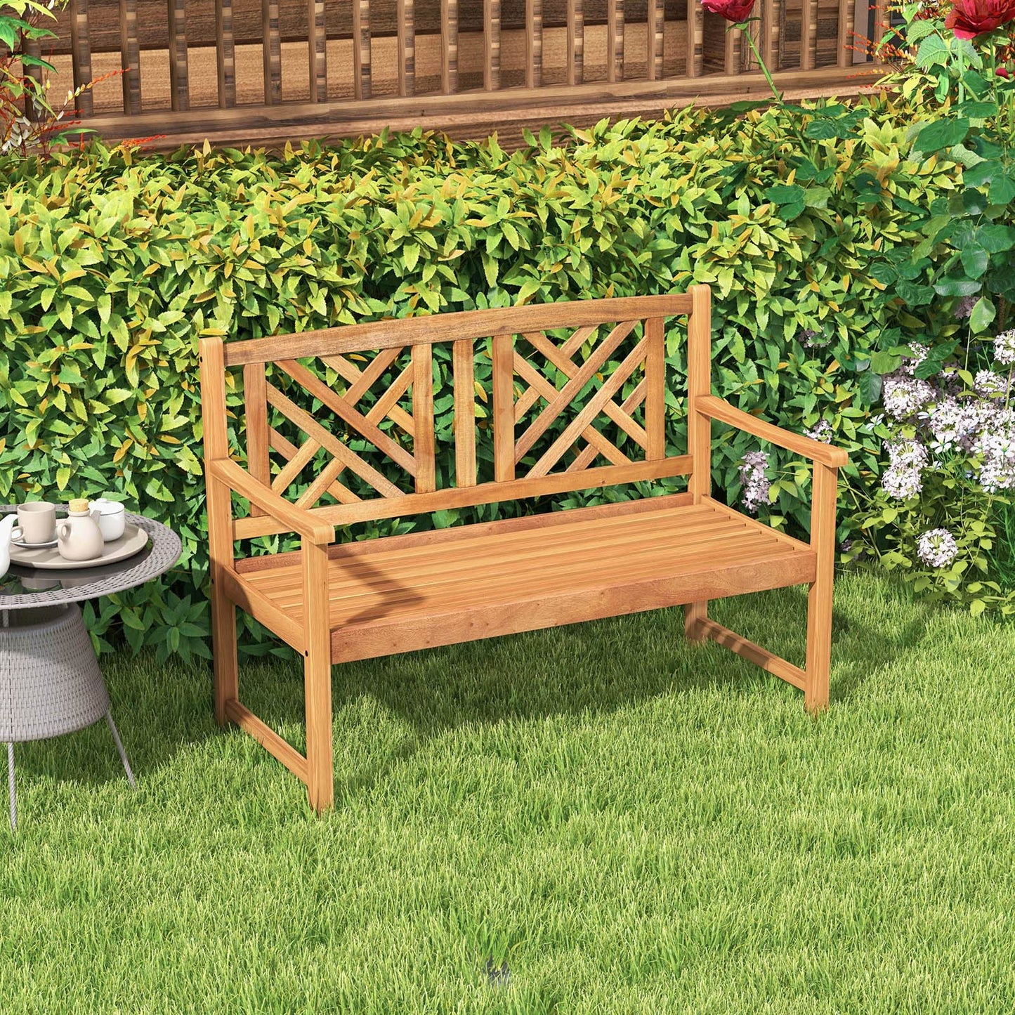 Tangkula Patio Acacia Wood Bench, 2-Person Outdoor Loveseat Chair
