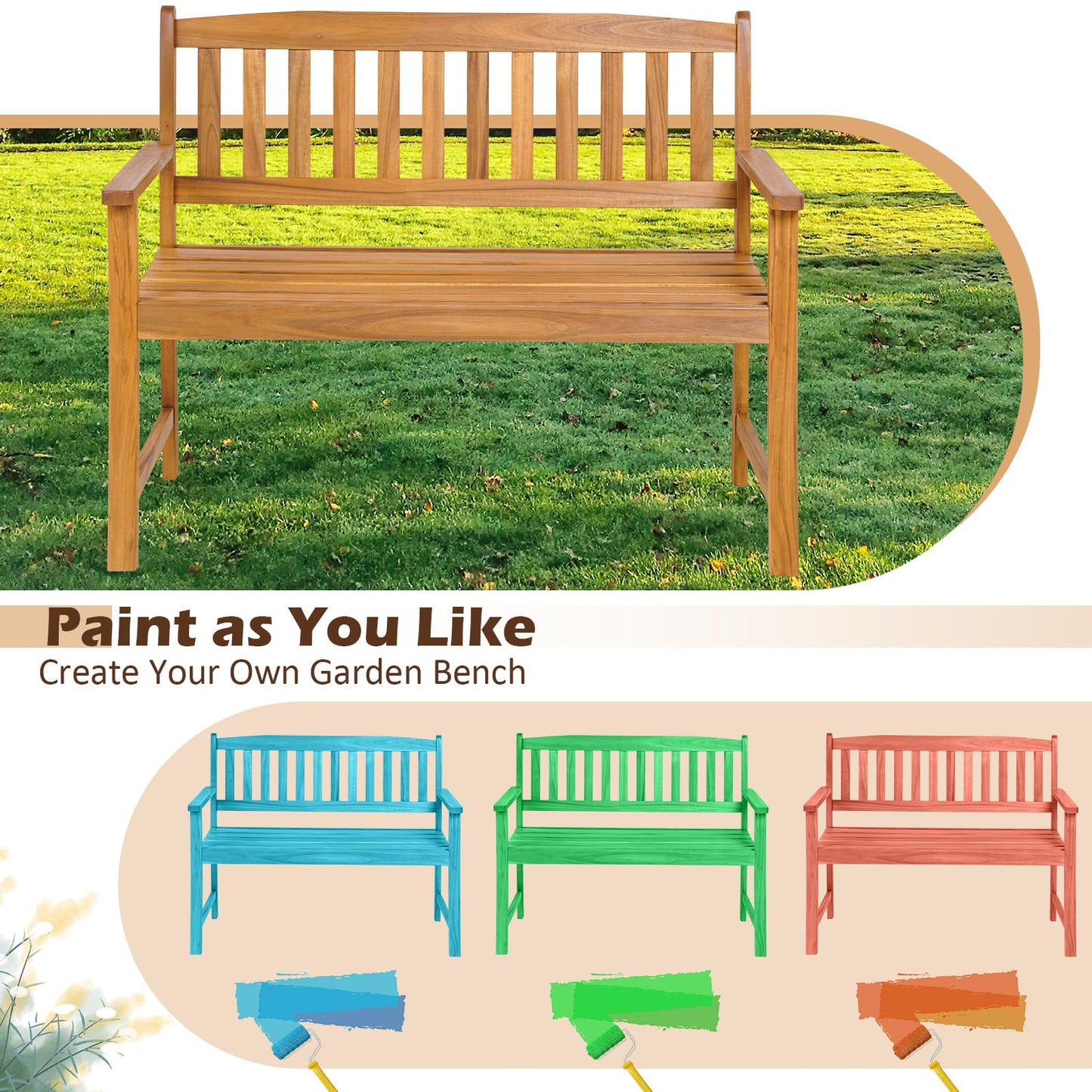 Tangkula Outdoor Acacia Wood Bench, 2-Person Garden Bench with Backrest and Armrests