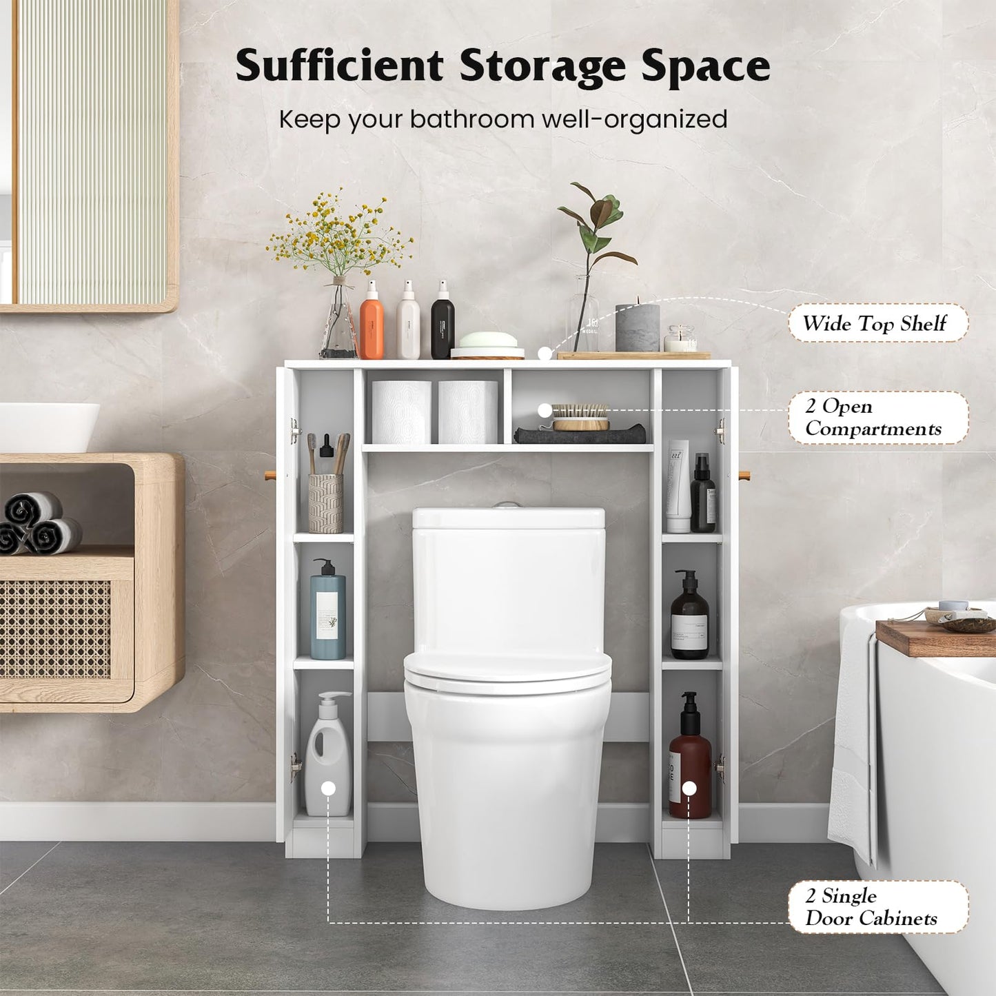 Tangkula Over The Toilet Storage Cabinet, Freestanding Above Toilet Organizer w/ 10-Level Adjustable Shelves & Crossbar