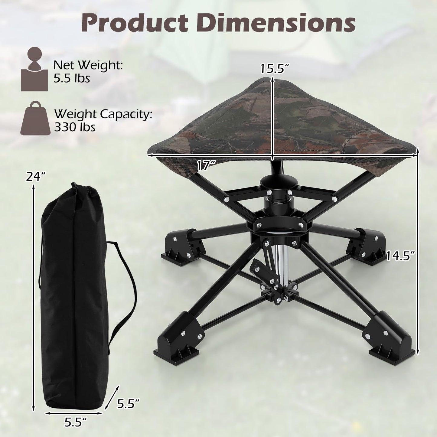 Tangkula 360°Swivel Foldable Camping Stool with Anti-Sink Feet & Carrying Bag