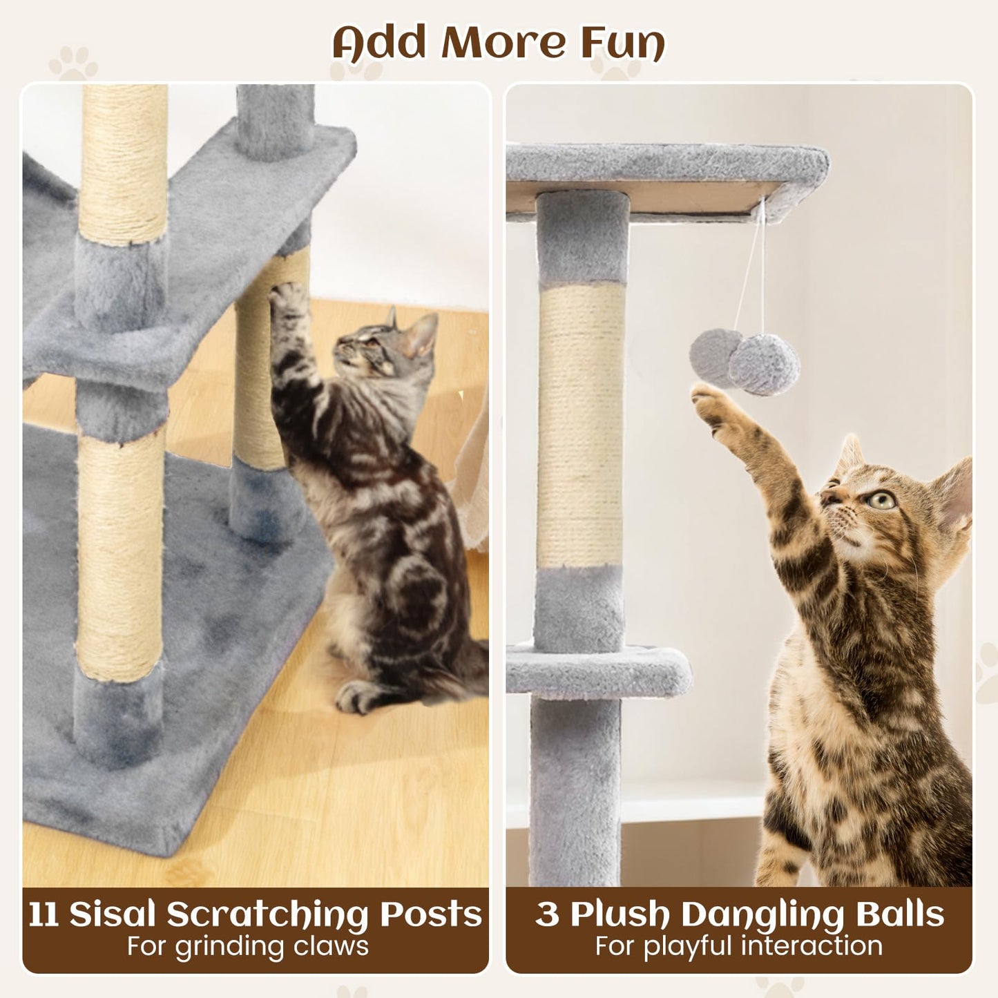 Tangkula 80 Inch Tall Cat Tree with 2 Condos Plush Perch Dangling Toys for Indoor Cats