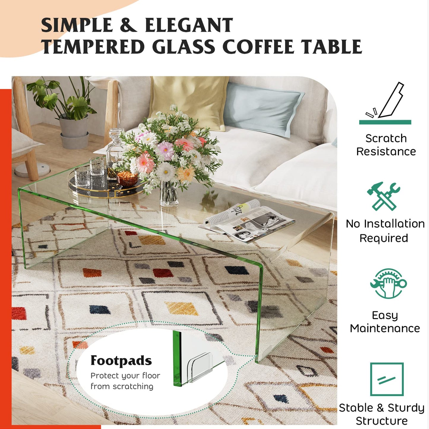 Tangkula Tempered Glass Coffee Table, Clear Coffee Table, International Occasion Tea Table
