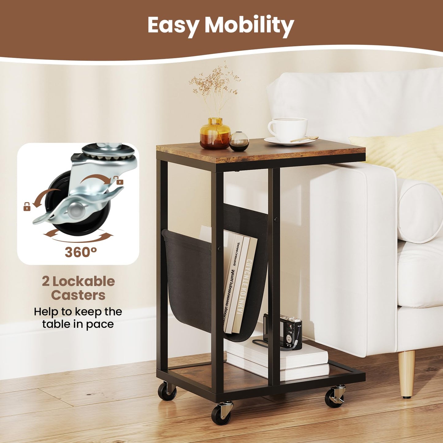 Tangkula Mobile C Shaped Side Table