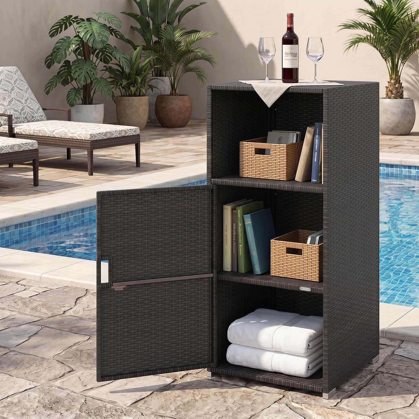 Tangkula Rattan Outdoor Storage Cabinet with 3 Storage Shelves