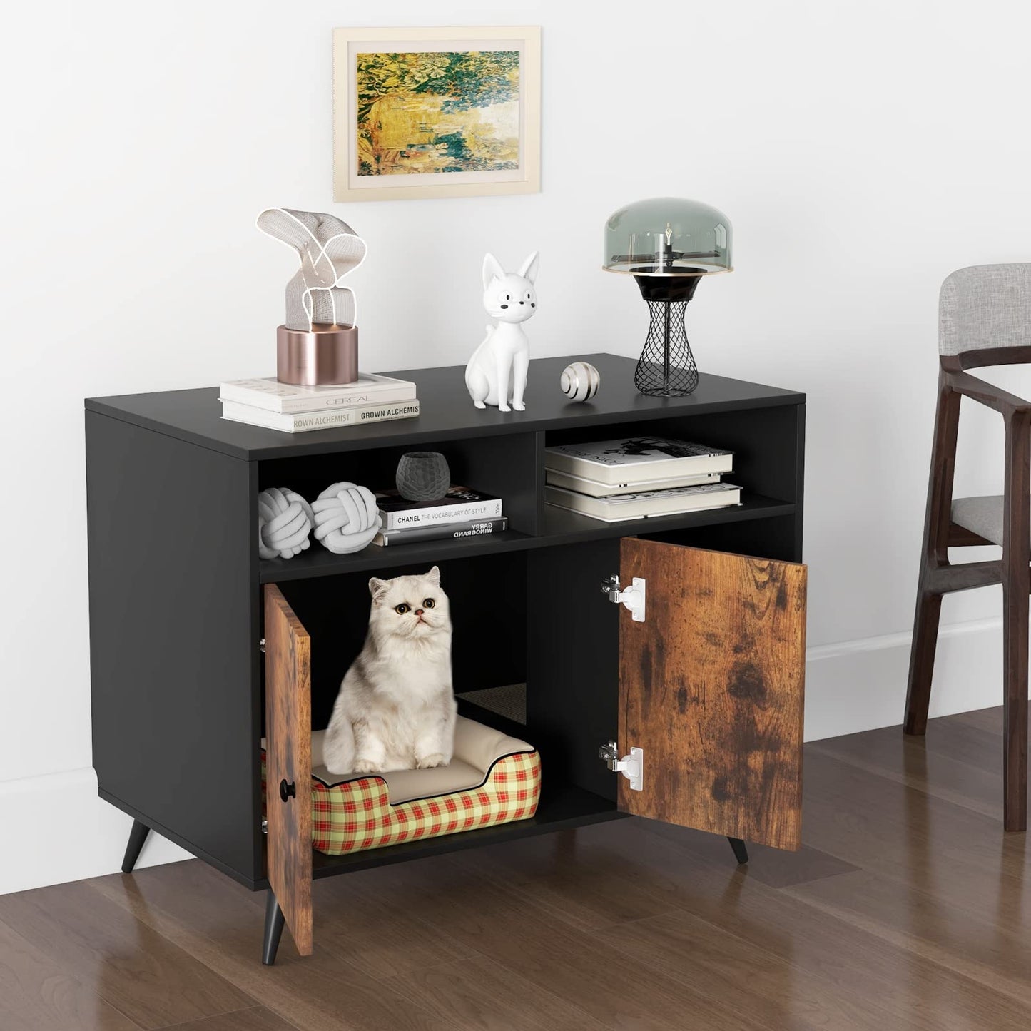 Tangkula Cat Litter Box Enclosure, Hidden Cat Washroom Furniture with Double Door Cabinet
