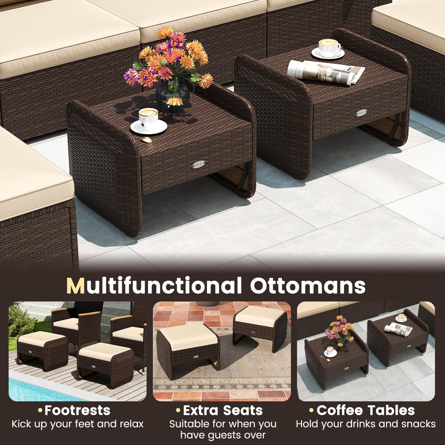 Tangkula 2 poufs de terrasse en osier PE avec coussins amovibles