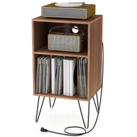Tangkula Record Player Stand with Charging Station, Turntable Stand with Metal Legs, Vinyl Record Storage Cabinet