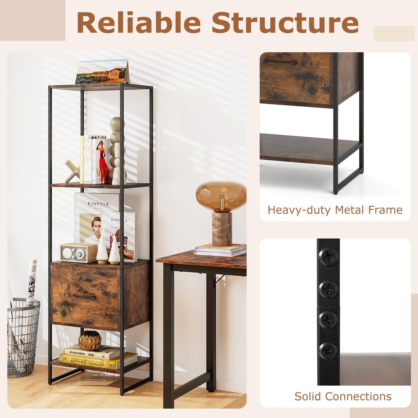 Tangkula Étagère Haute et Étroite de 159 cm avec Cadre Métallique et Kits Anti-basculement