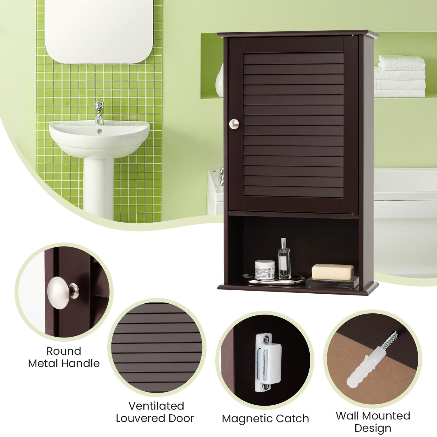 Tangkula Medicine Cabinet, Wall Mounted Bathroom Cabinet Single Door Wooden