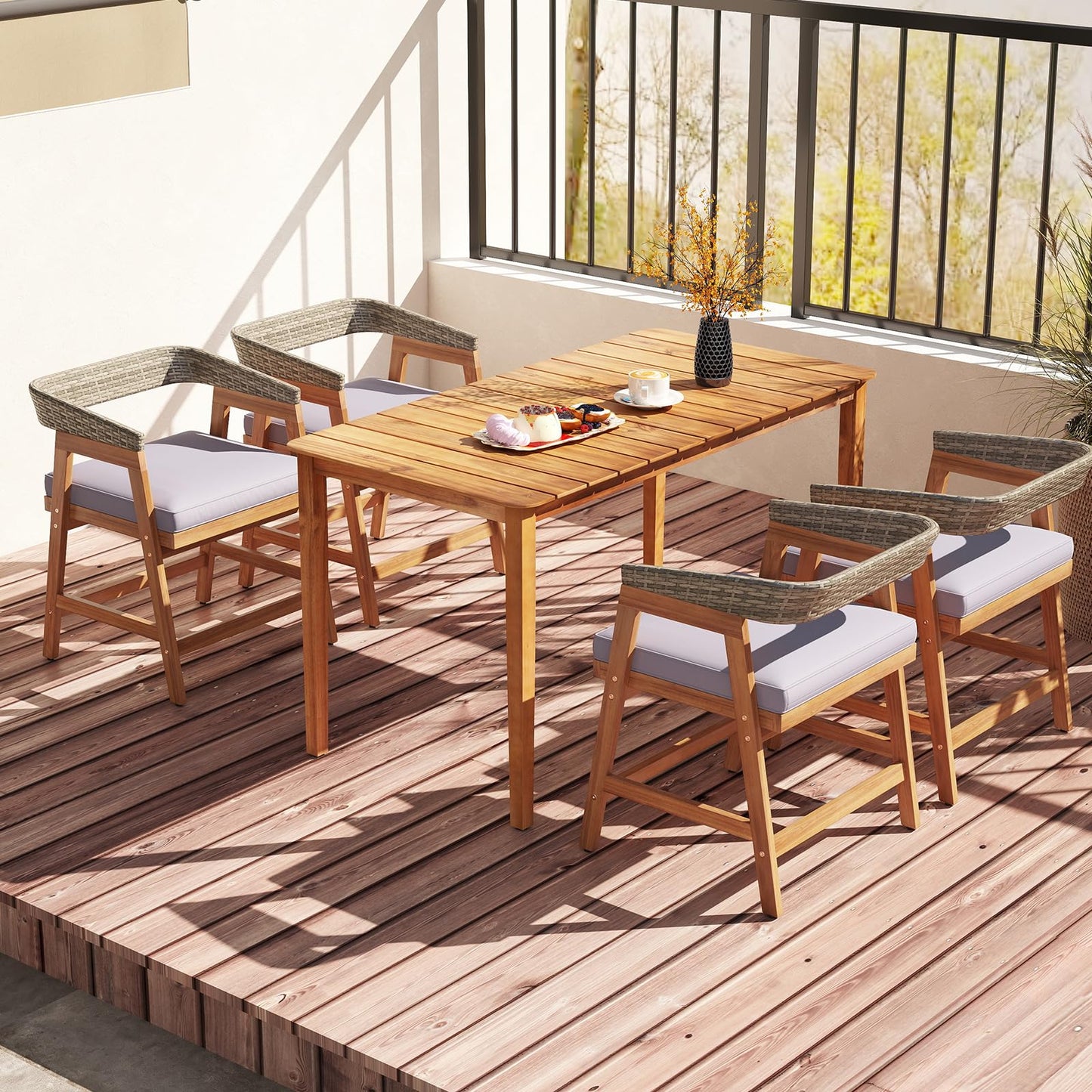 Tangkula Outdoor Acacia Wood Patio Wicker Dining Chairs Set of 4 with Seat Cushion