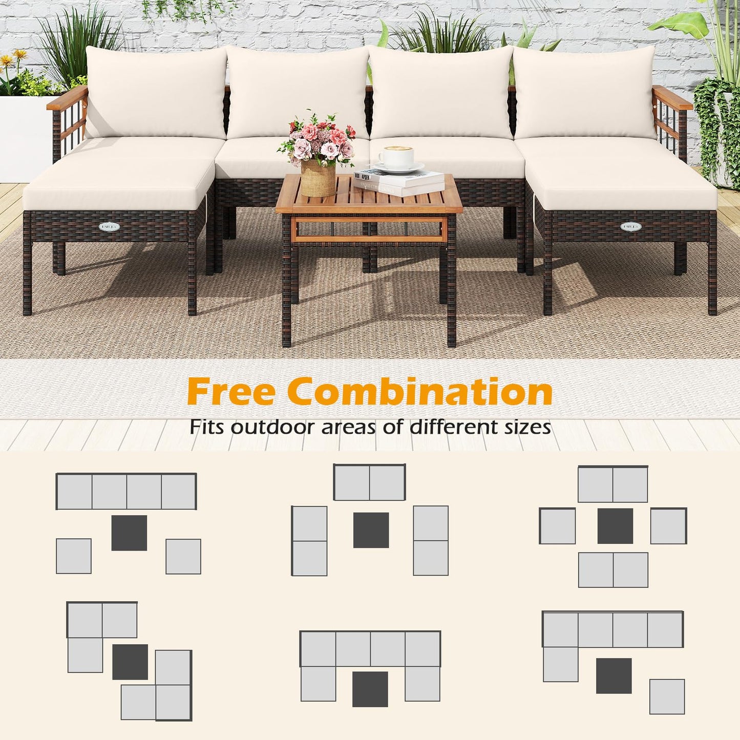 Tangkula 7 Pieces U Shaped Outdoor Wicker Furniture Set