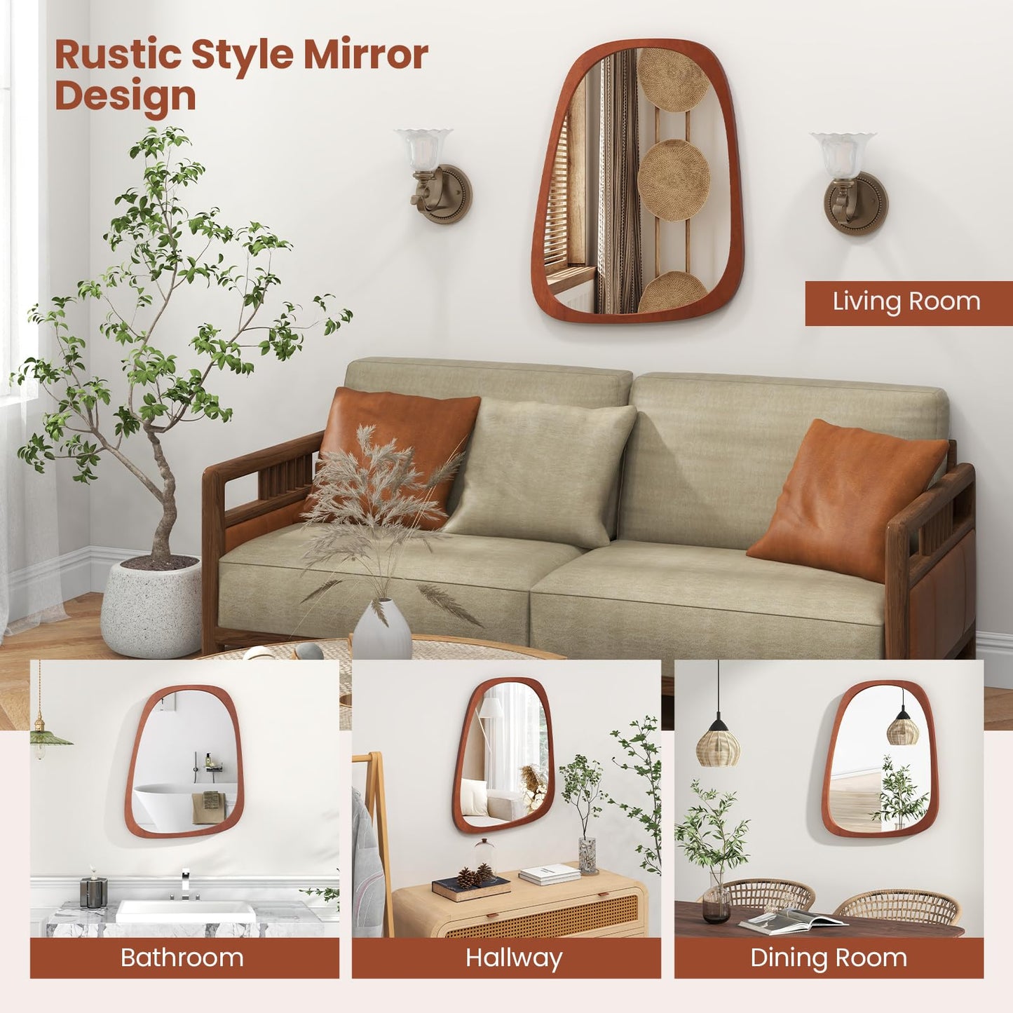 Miroir asymétrique abstrait de forme irrégulière Tangkula, miroir mural irrégulier de 67,3 cm x 53,3 cm avec cadre rustique