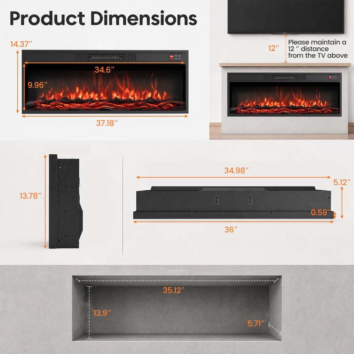 Tangkula 36/40 Inch Recessed Electric Fireplace