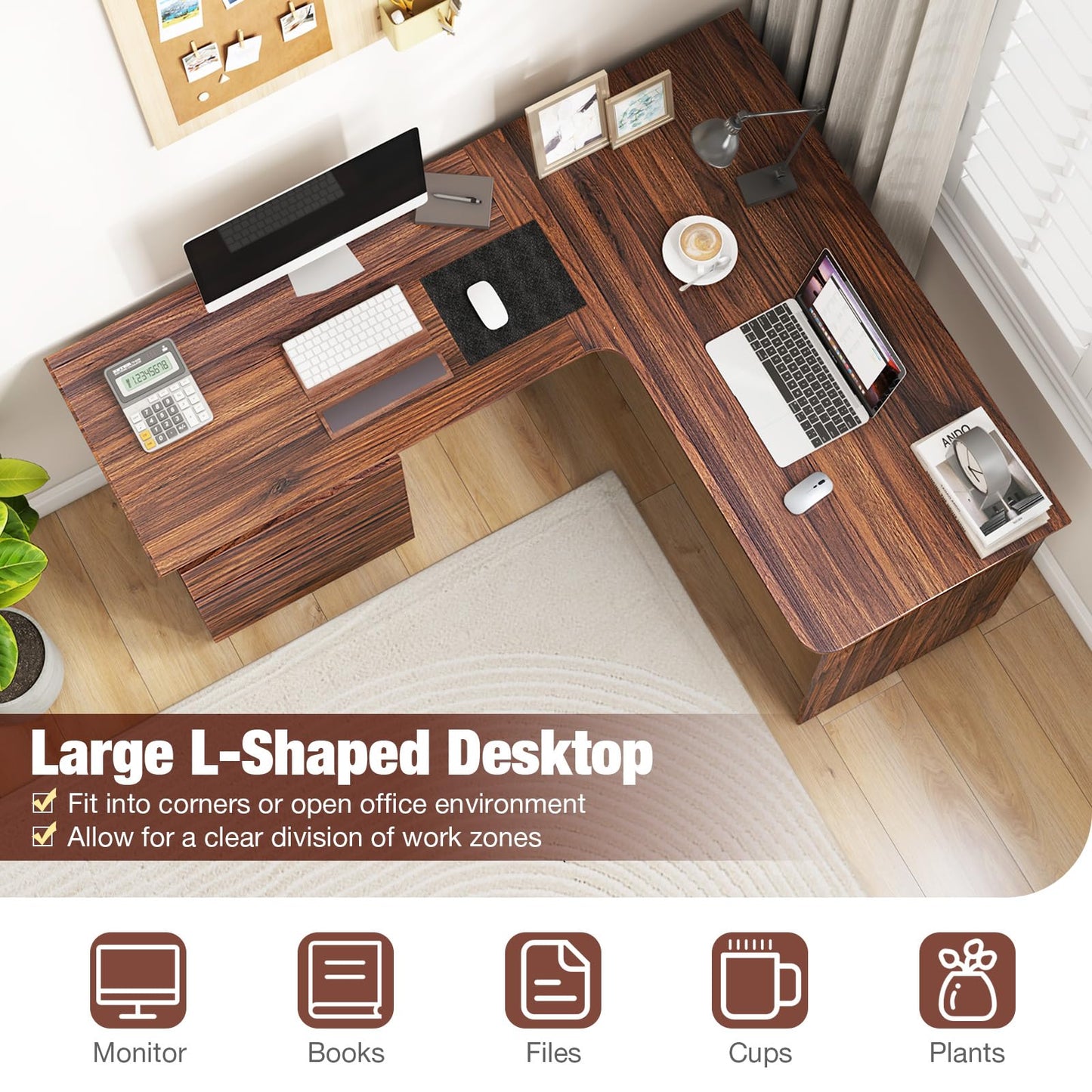 Tangkula L-Shaped Desk with 2 Storage Drawers, 59” Corner Computer Desk with File Drawer & Open Shelf