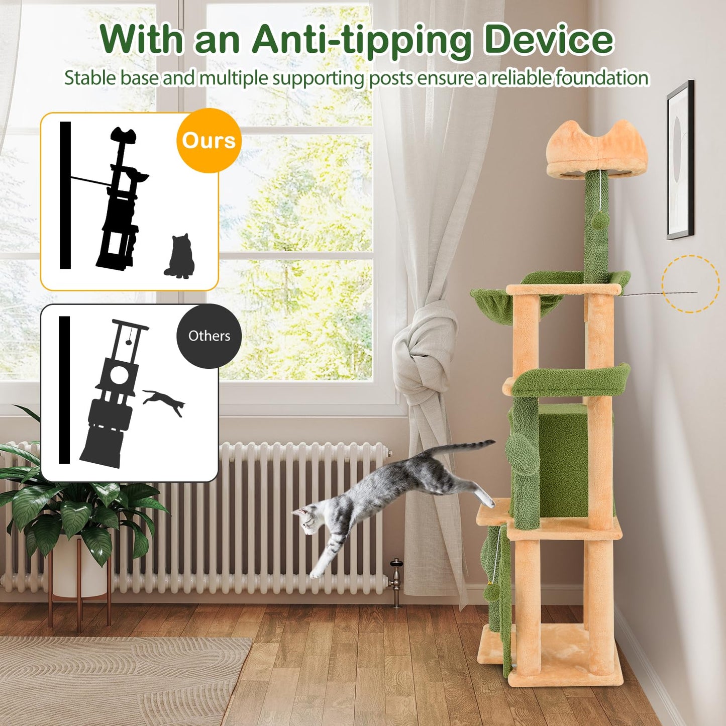 Tangkula Cactus Cat Tree, 63 Inch Multi-Level Tall Cat Tower with Sisal Scratching Posts & Board