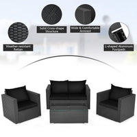 Patio Rattan Conversation Furniture Set, Outdoor Wicker Sofa Set with Padded Cushion & Tempered Glass Coffee Table