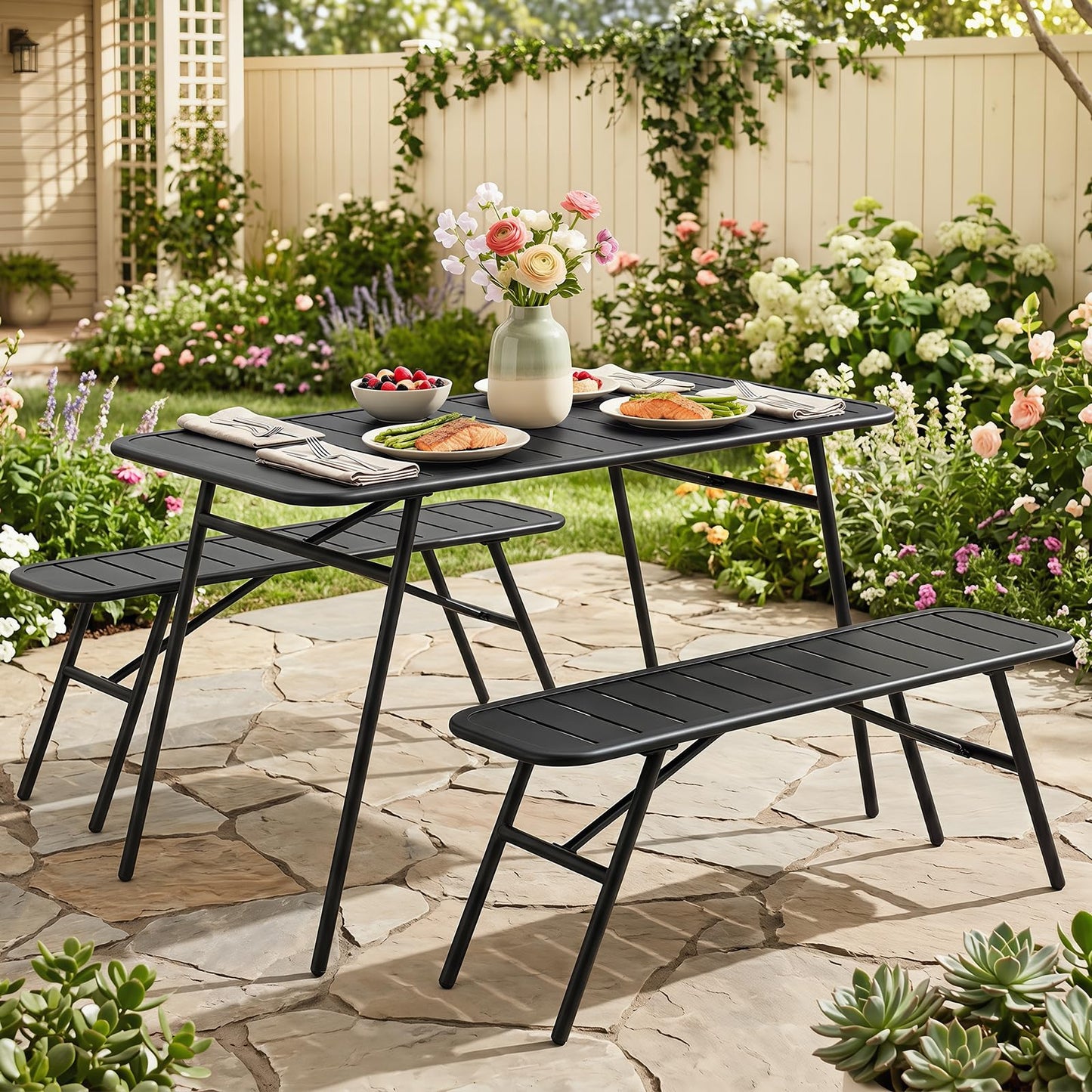 Tangkula 3 Pieces Patio Furniture Set with 2 Benches