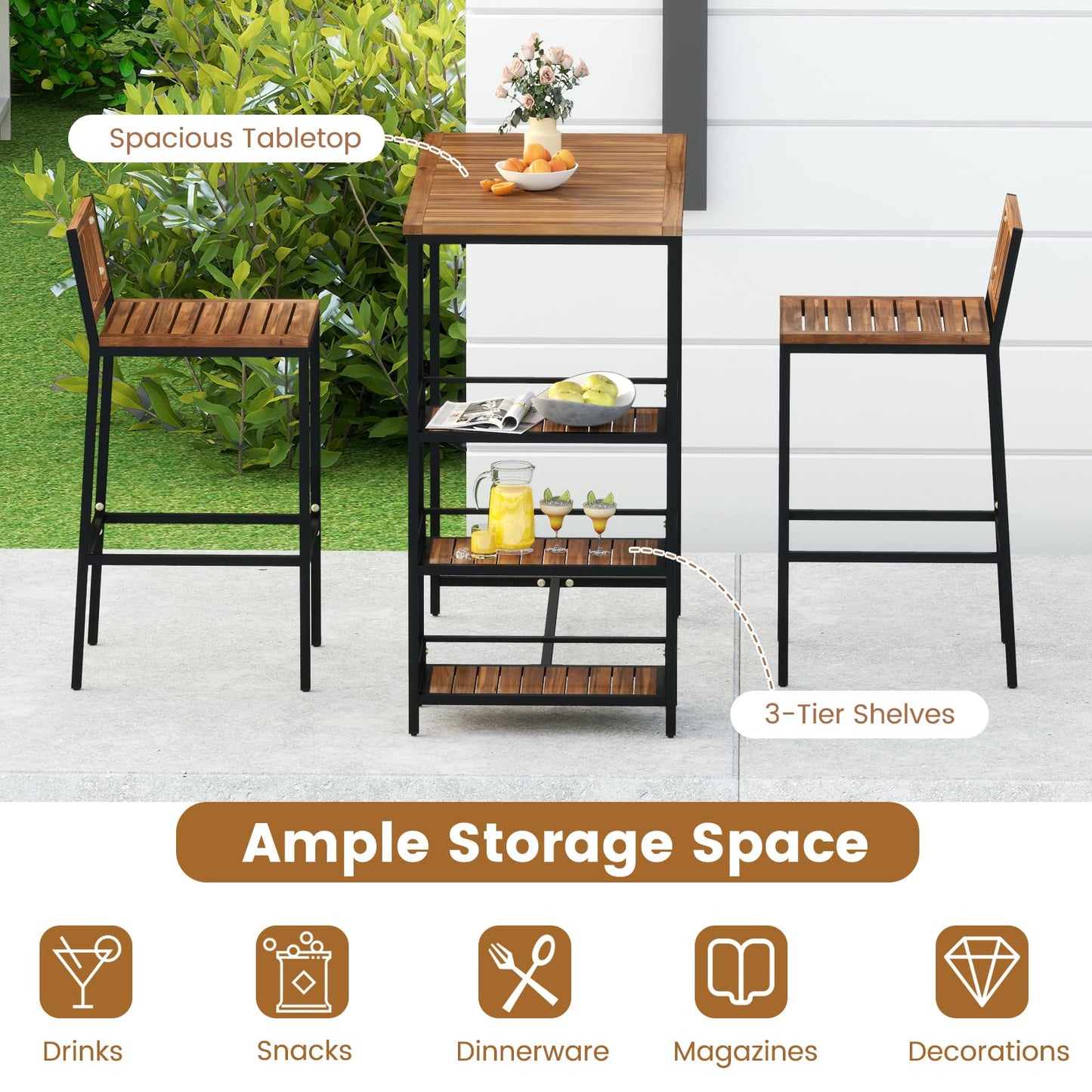 Tangkula 3 Pieces Wood Patio Bar Set with 3 Shelves