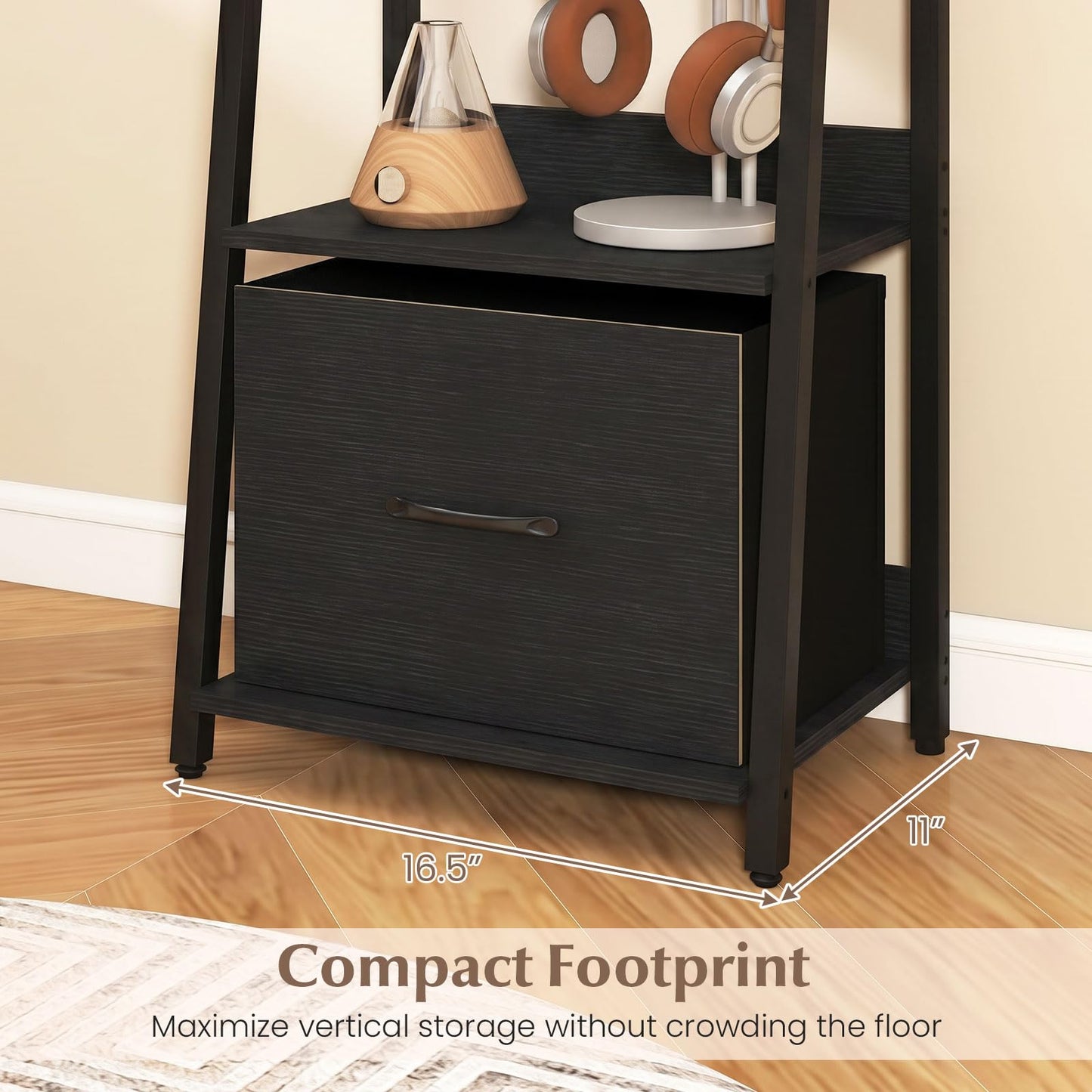 Tangkula 5-Tier Narrow Ladder Bookshelf with Fabric Drawer (1/2)
