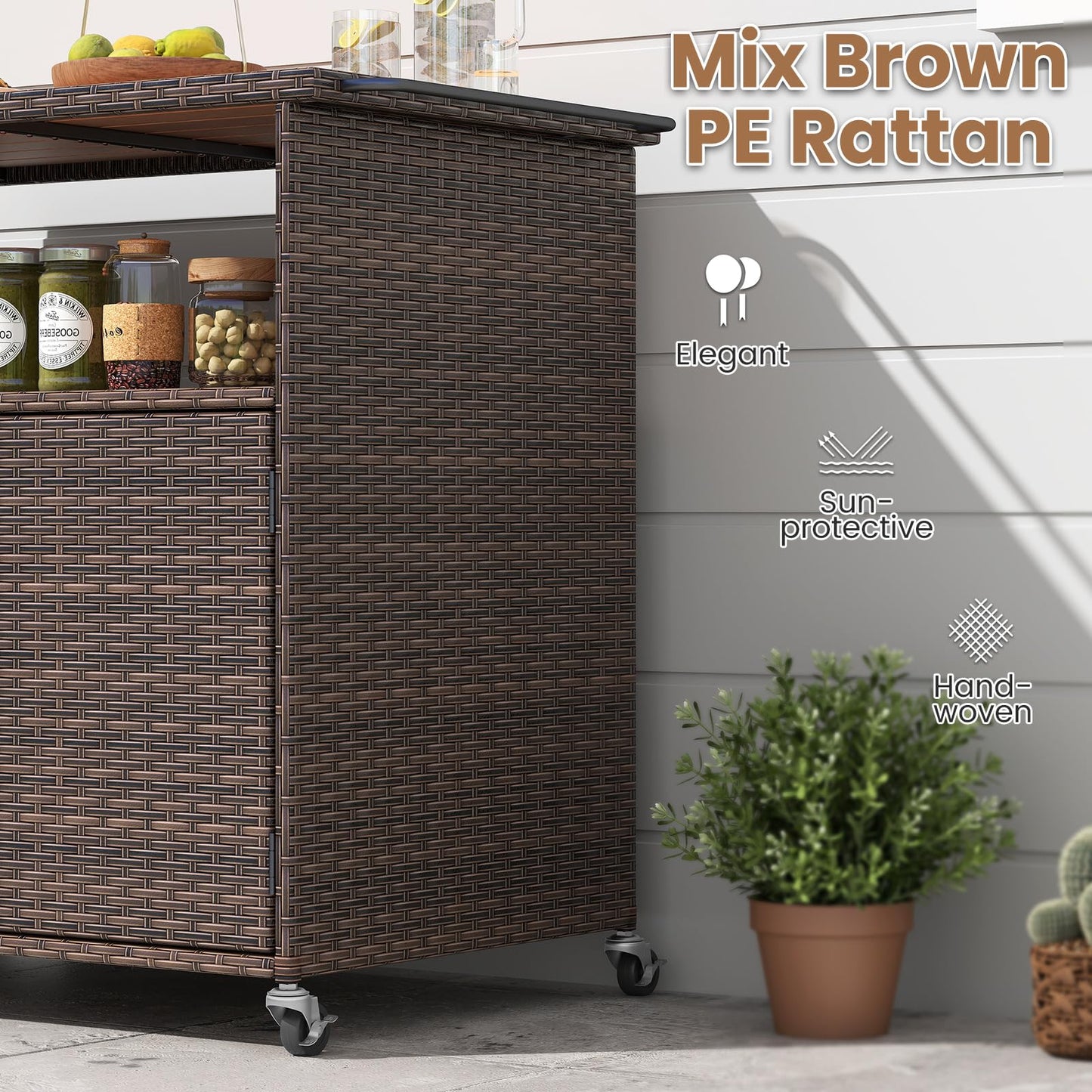 Meuble de rangement d'extérieur Tangkula en rotin avec comptoir en bois d'acacia