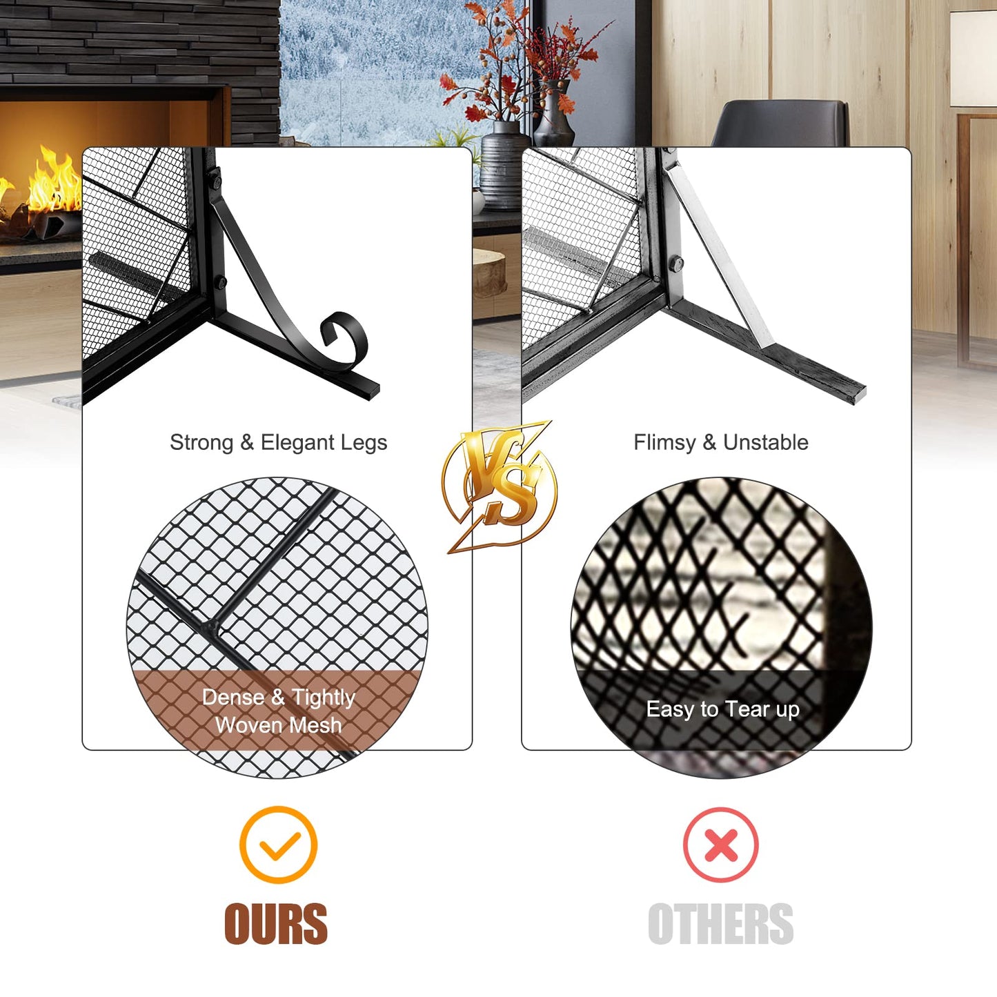 44.5 x 33.5 Inch Double-Door Fireplace Screen, 2-Panel Large Flat Wrought Metal Fire Spark Guard Gate Cover for Home
