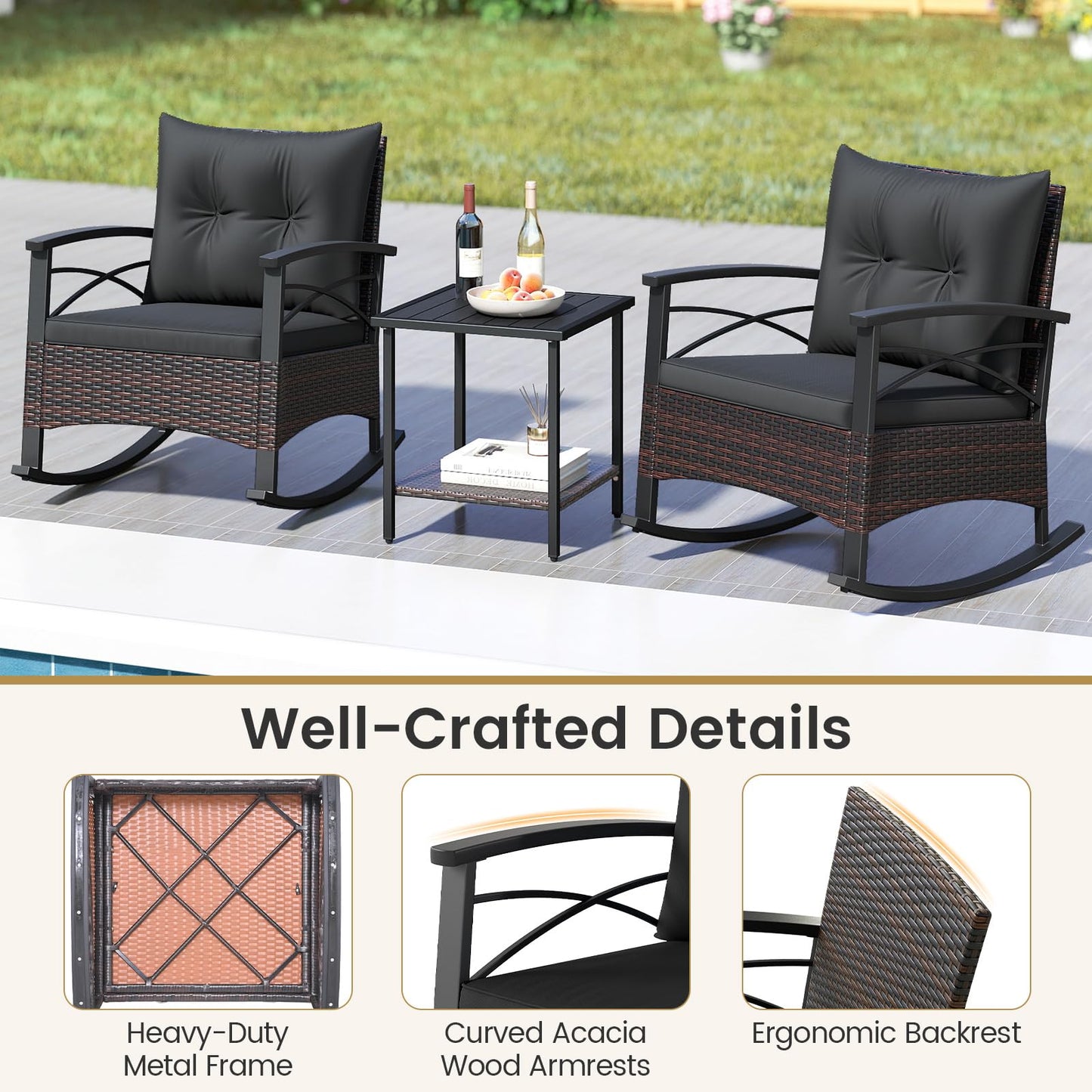 Tangkula 3 Piece Rattan Rocker Bistro Set with Double-Tier Side Table for Porch Balcony Backyard