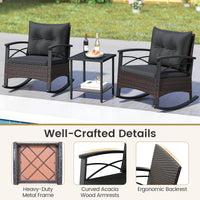 Tangkula 3 Piece Rattan Rocker Bistro Set with Double-Tier Side Table for Porch Balcony Backyard