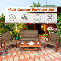 Tangkula 4 PCS Patio Acacia Wood Rattan Conversation Set