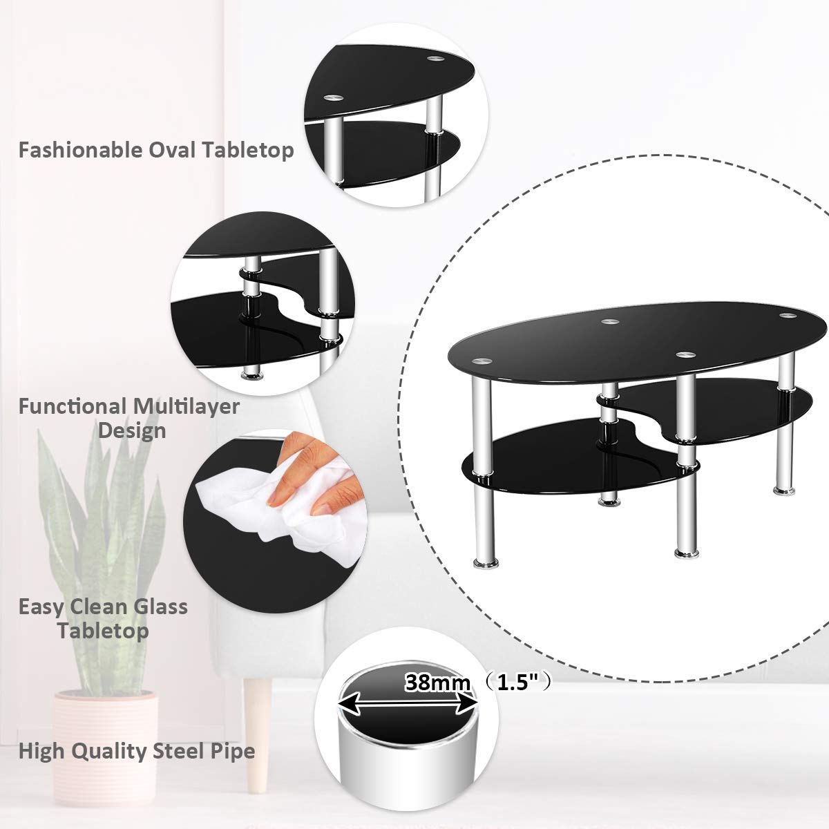 Tangkula Glass Coffee Table with 2 Tier Tempered Glass Boards