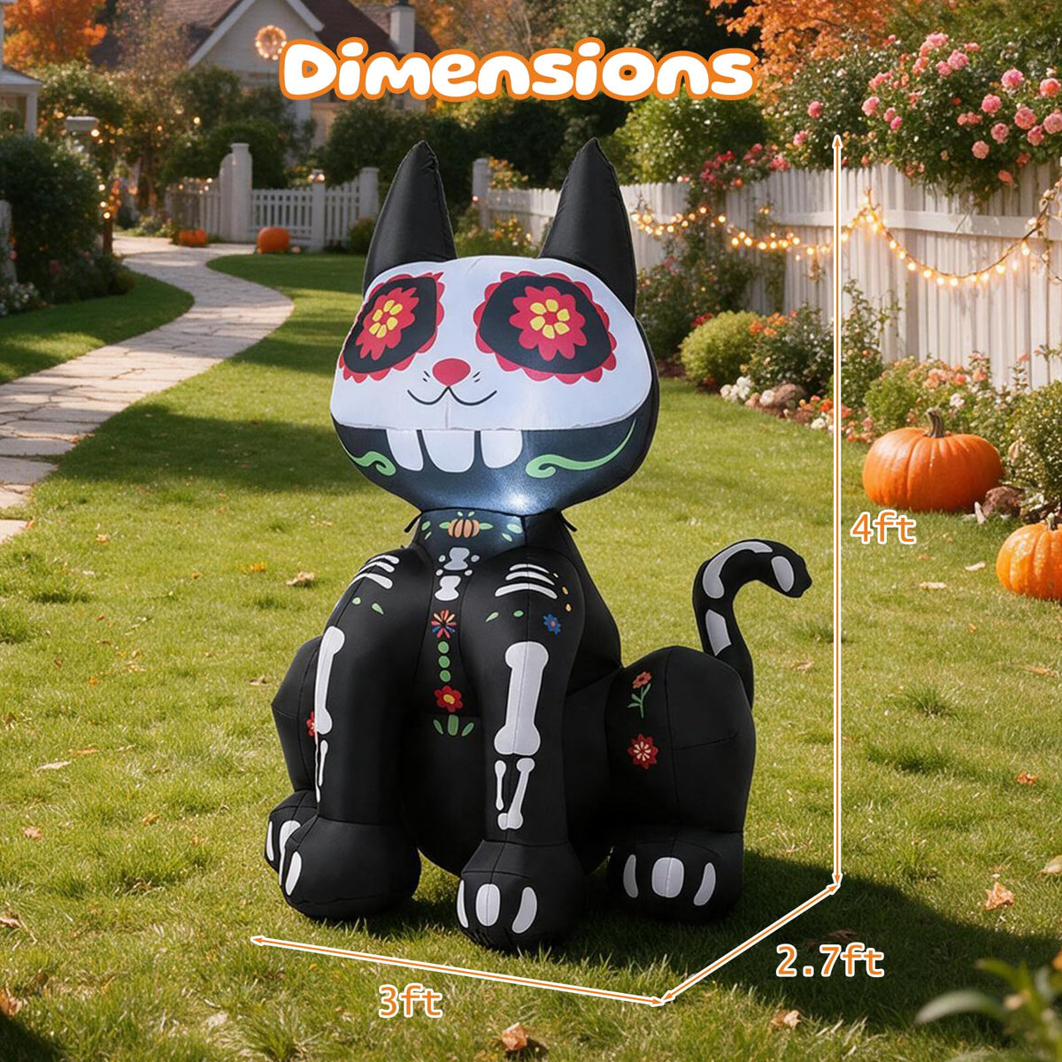 Tangkula 4 FT Day of the Dead Inflatable Skull Black Cat with LED Lights