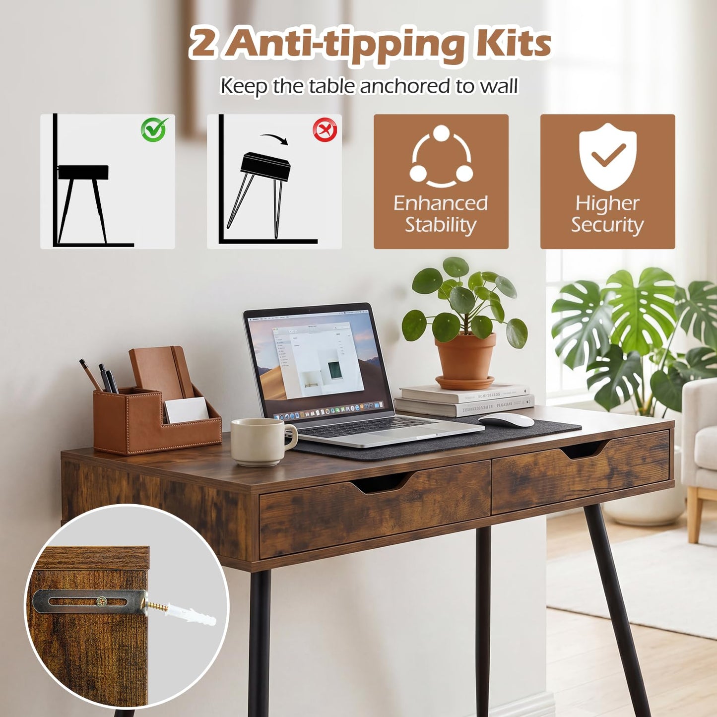 Tangkula Writing Desk w/2 Storage Drawers & 4 Rubber Wood Legs