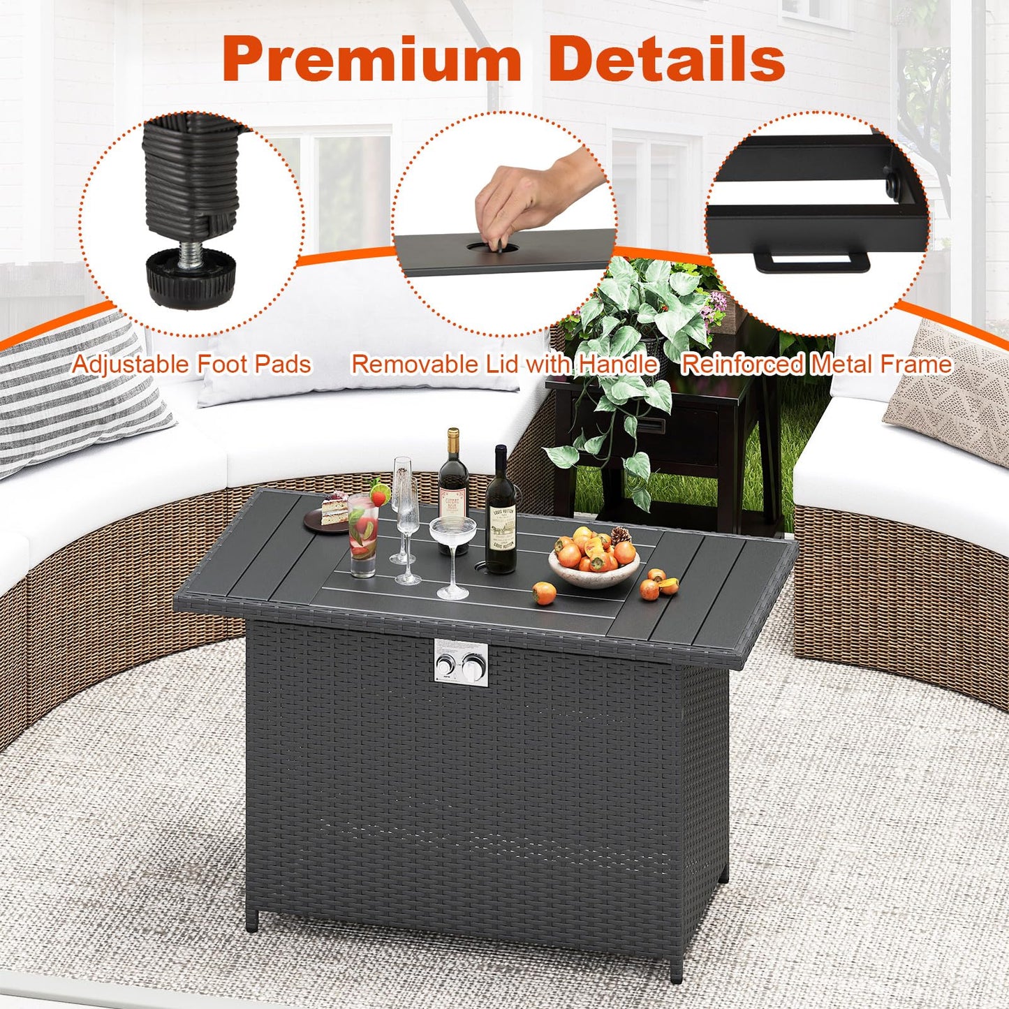 Tangkula 44.5 Inch Propane Fire Pit Table Rattan Gas 2-in-1 with Stainless Steel Burner