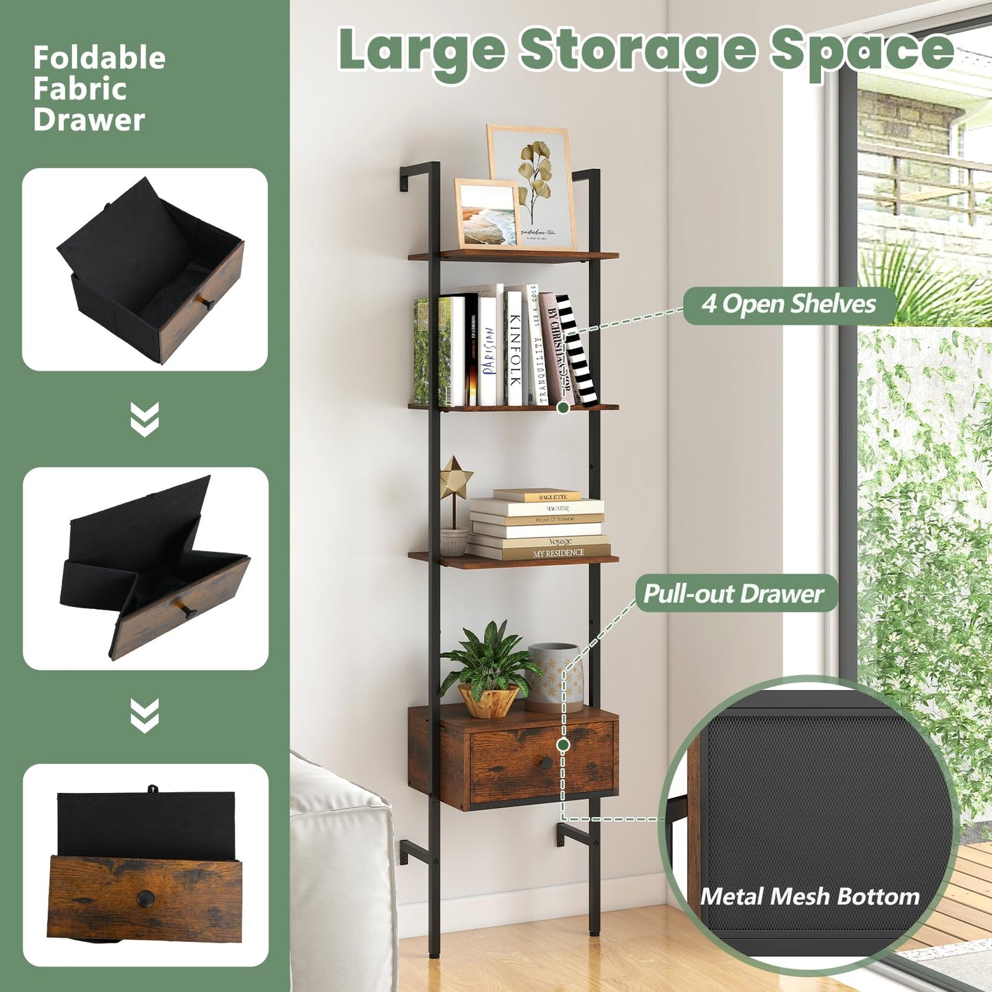 Tangkula 5-Tier Ladder Bookcase with Drawer and Metal Frame for Study Home Office