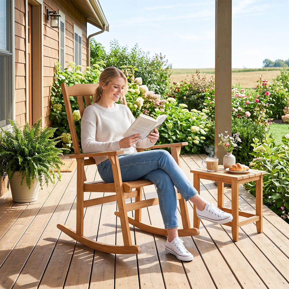 Tangkula Outdoor Patio Wood Rocking Chair for Porch Garden Backyard